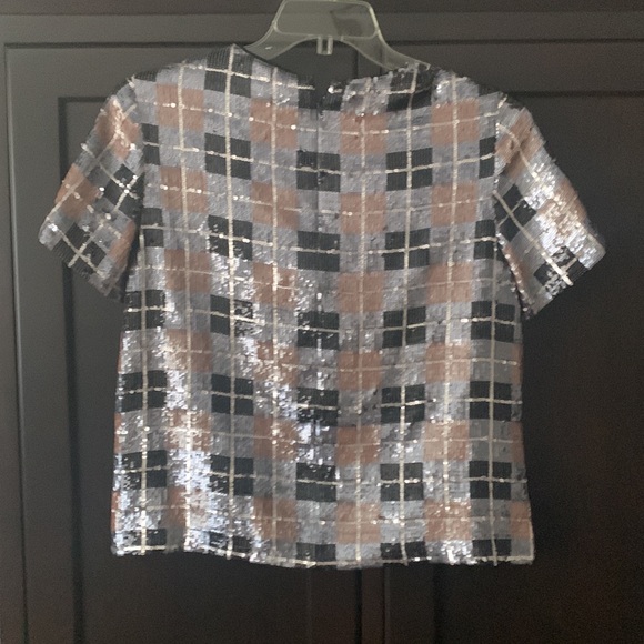 Kate Spade Sequin Embellished Plaid Short Sleeve Black Multi Crew Neck Top - 4 - Picture 5 of 7